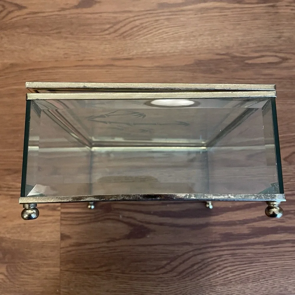 1980s Vintage Etched Bamboo Glass & Brass Jewelry Casket Box 8
